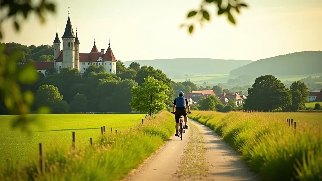 Barokní zámek Kroměříž viditelný z vzdálenosti, krajina kolem, cyklostezka vedoucí k městu, letní sluníčko
