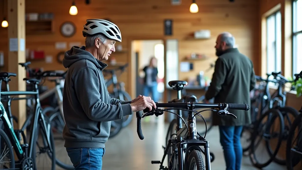Různá kola pro seniory v cyklistickém obchodě, detailní pohled na trekkingové a hybrid modely