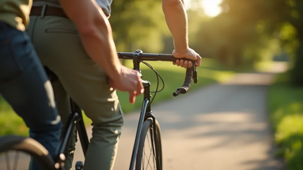 Detailní snímek rukou staršího cyklisty na řídítku horského kola, slunečný den