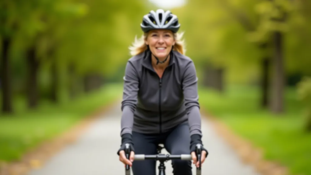 Starší cyklistka s helmou řídí kolo na cyklostezce kolem kanálu s bezpečným držením